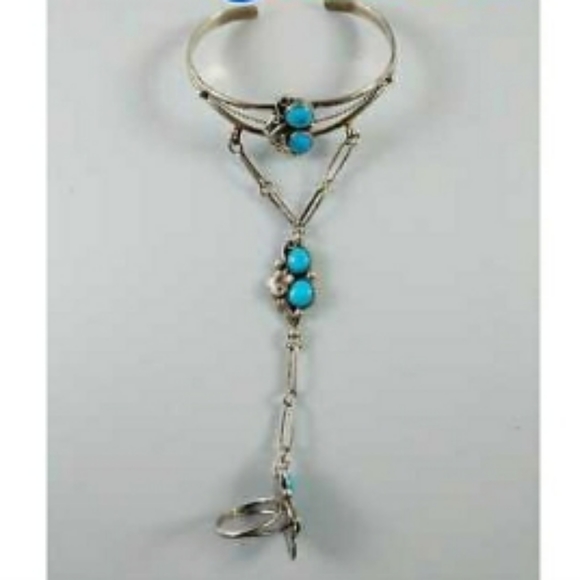 VINTAGE Turqoise Navajo Slave Cuff w/ Ring aa5 - Picture 1 of 7